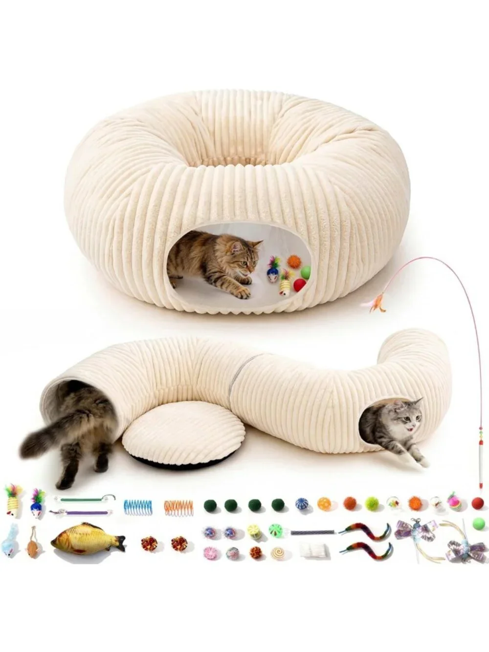 Cozy Cat Tunnel Bed with 40 Interactive Toys | Collapsible Play Tube for Kittens